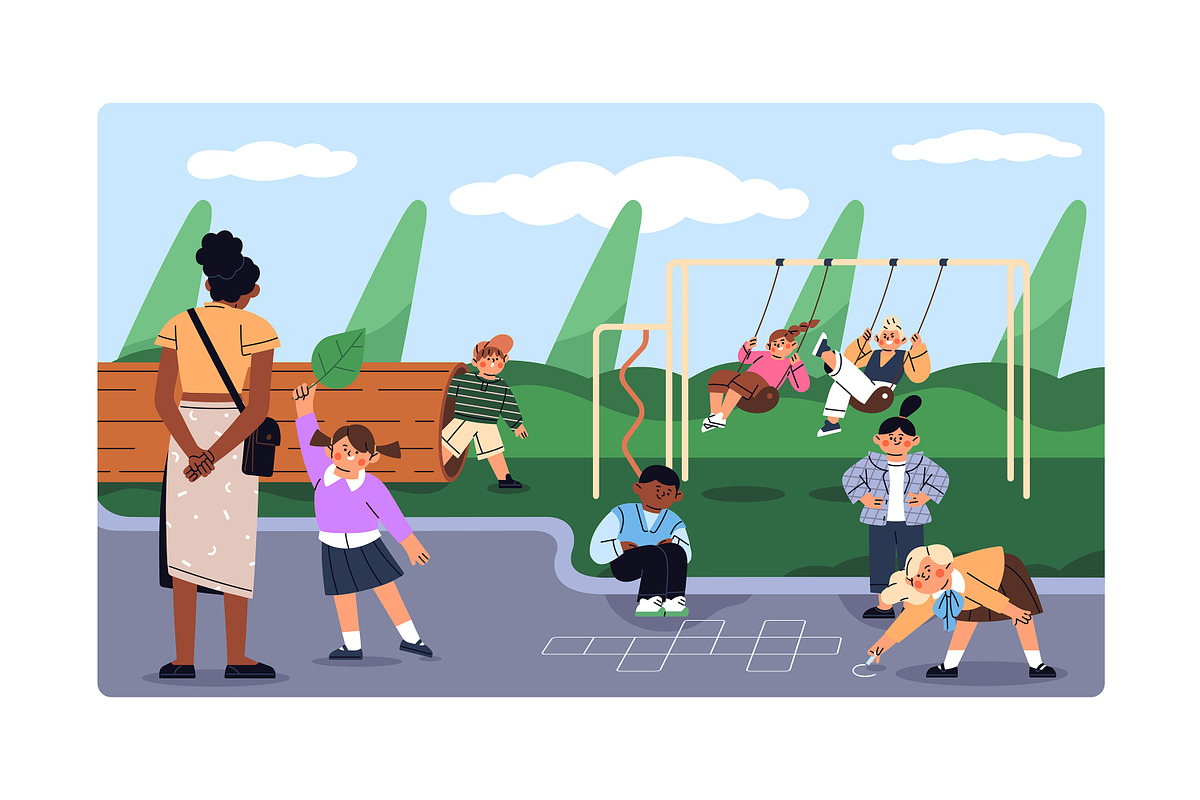 Happy kids playing on playground set, a Person Illustration by PaperTrident (Photo 5 of 5)