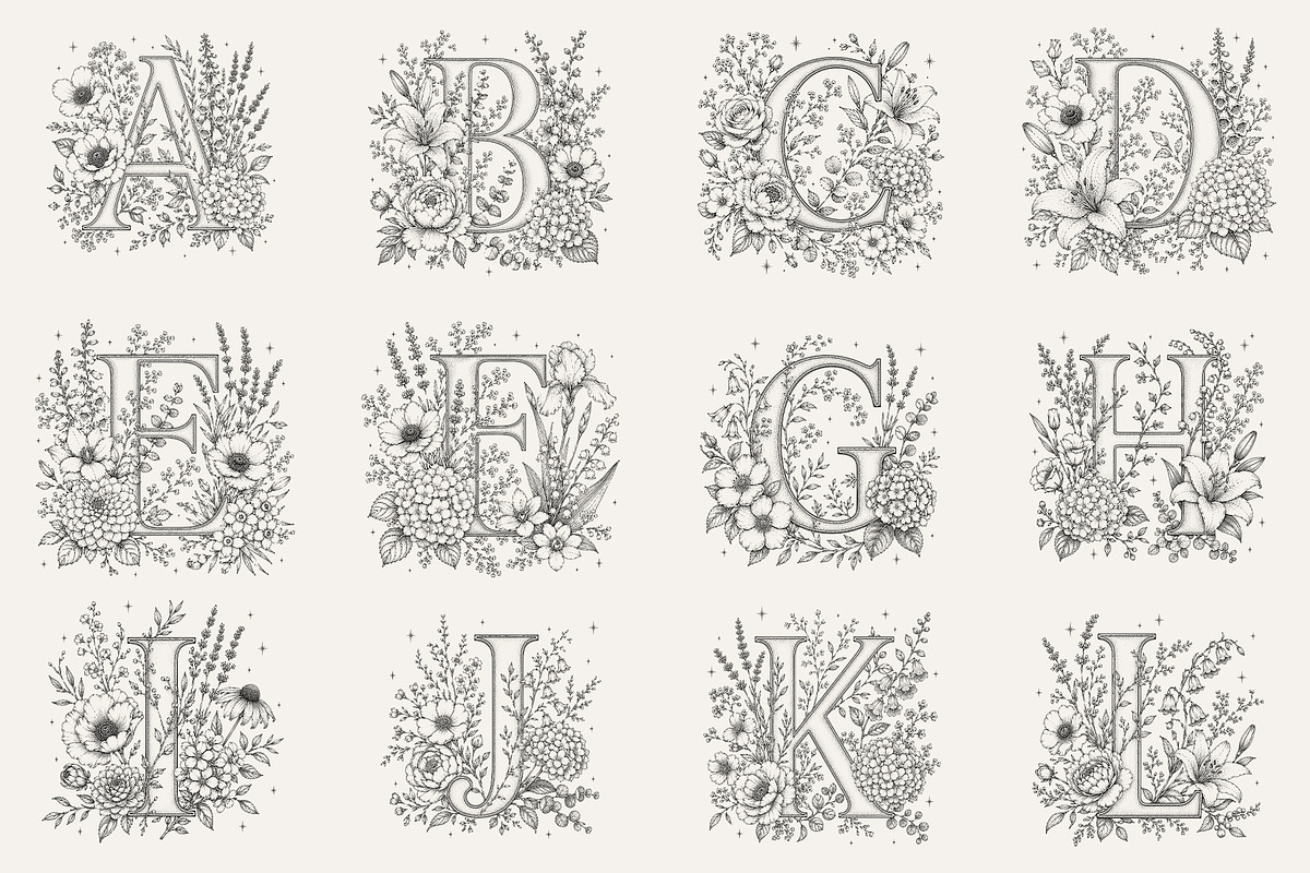 Floral Alphabet Botanical Line Art, a Decorative Illustration by AW Studios (Photo 2 of 6)