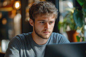 Young man focused on laptop in a modern cafe setting, a Person Photo by AlyaAnd