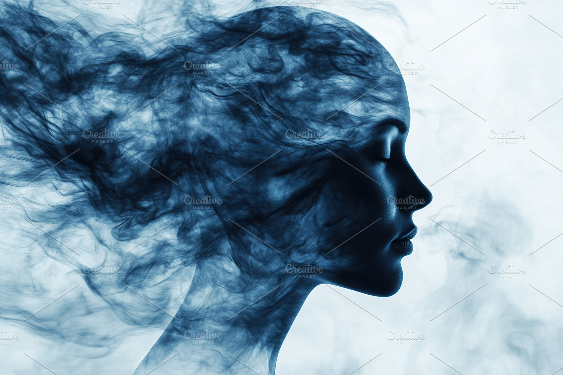 Silhouette of a human head with flowing smoke creating a dreamlike atmosphere, a Photo by AlyaAnd