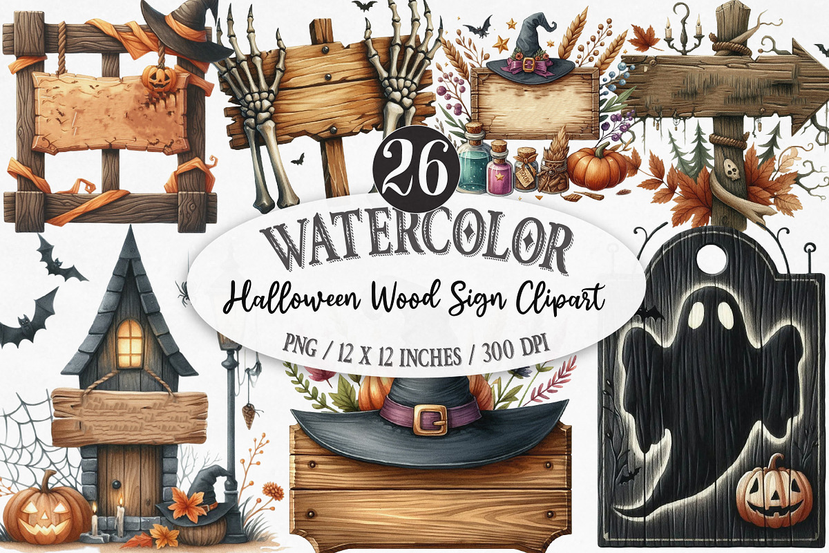 Halloween Wood Sign Clipart, an Illustration by Designking (Photo 1 of 5)