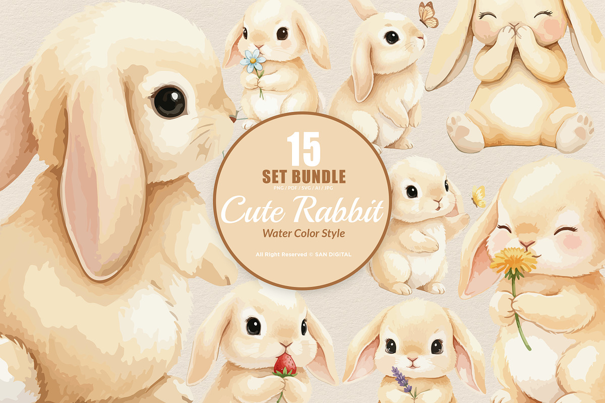 15 Bundle Watercolor Cute Rabbit Pet, an Animal Illustration by Morspective (Photo 1 of 8)