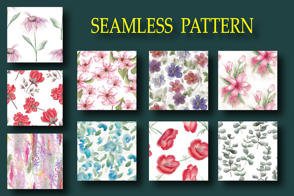 Bright watercolor flowers, a Pattern Graphic by Digital illustration shop (Photo 2 of 4)