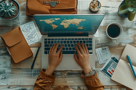Top View of Person Working on Laptop with Business Documents and Coffee, a Photo by AS photostudio