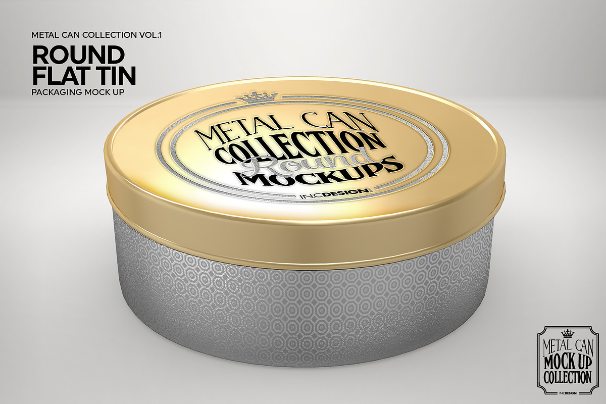 Round Flat Tin Packaging Mockup, a Cups & Container Mockup by INCDesign (Photo 4 of 6)
