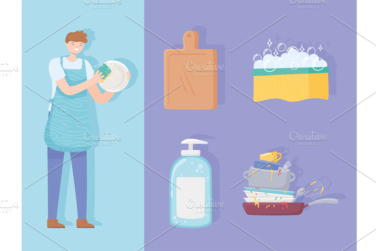 man washing with icon objects, a Person Illustration by studiogstock