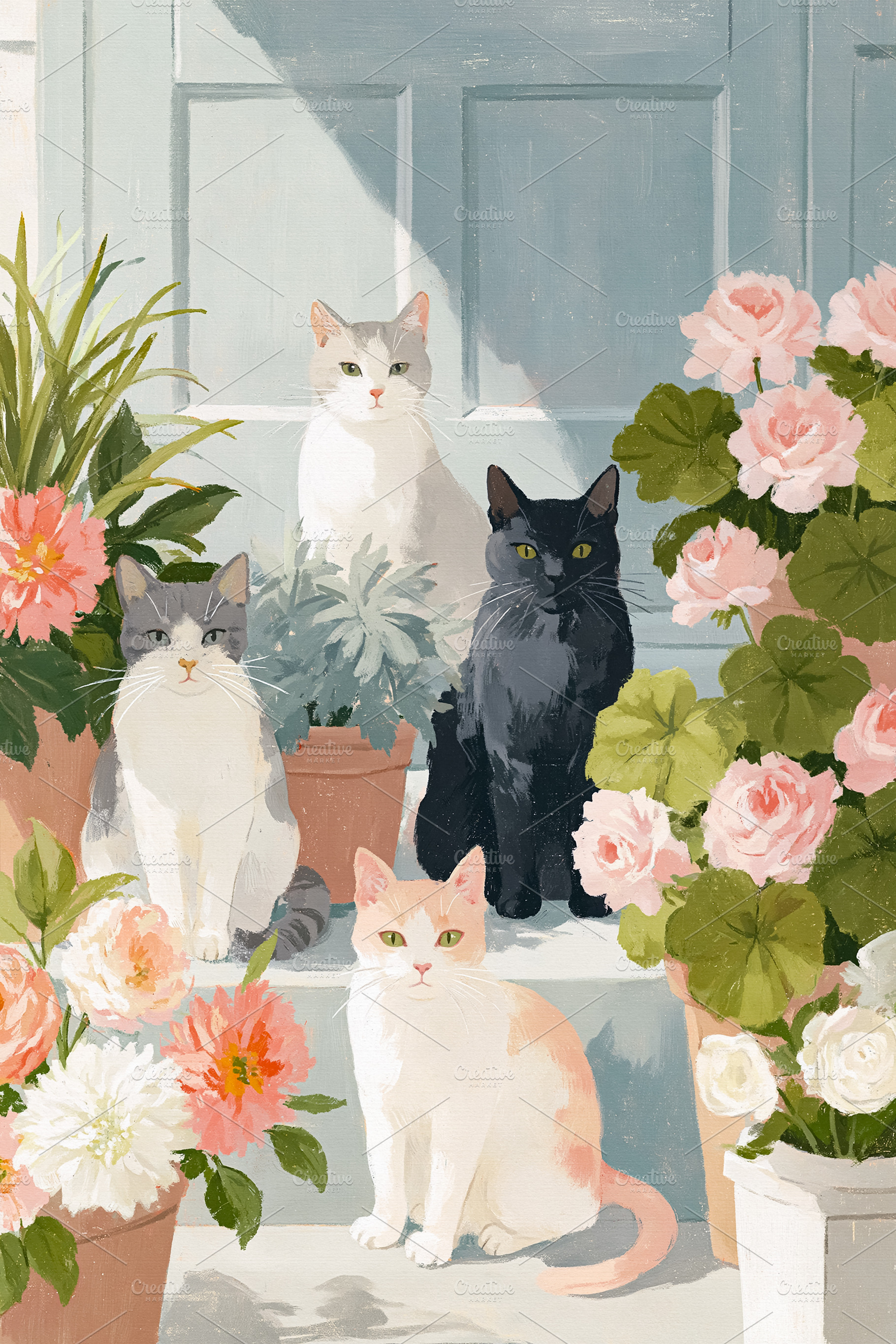 Group of domestic cats relaxing on sunny front porch steps surro, a Photo by Studio ANNA