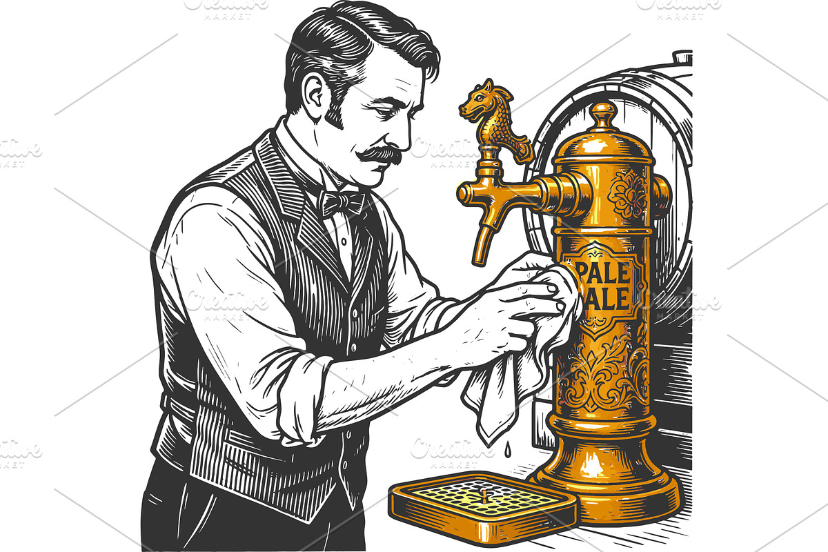 Victorian Bartender Polishing Pale, a Person Illustration by AlexArt