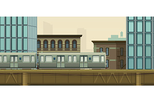 Cityscape, Subway Train On Bridge