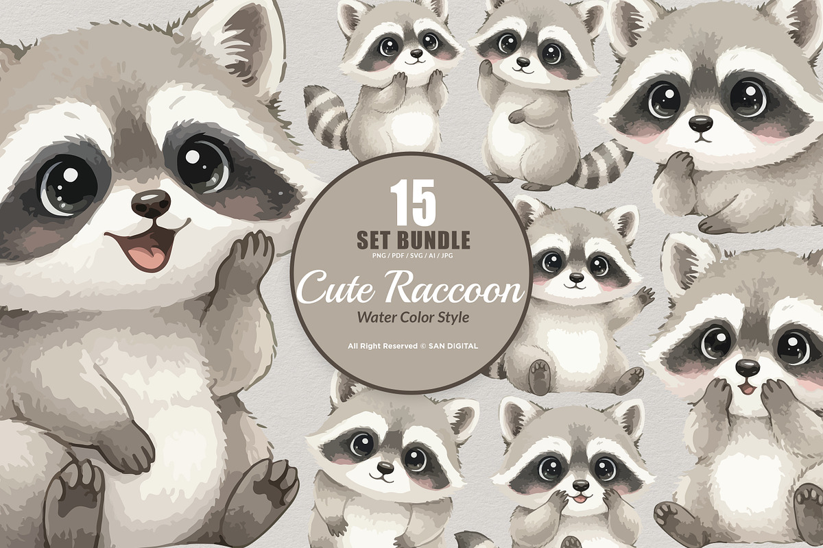 15 Bundle Watercolor Cute Raccoon, an Animal Illustration by Morspective (Photo 1 of 8)