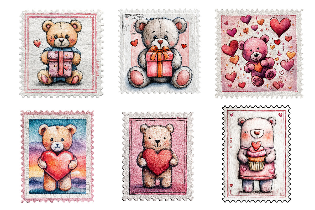 Valentines Teddy Bear Postage Stamps, an Illustration by Designworld (Photo 2 of 4)