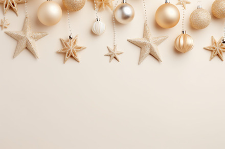 Christmas holiday balls and stars on beige background, a Holiday Photo by AlyaAnd