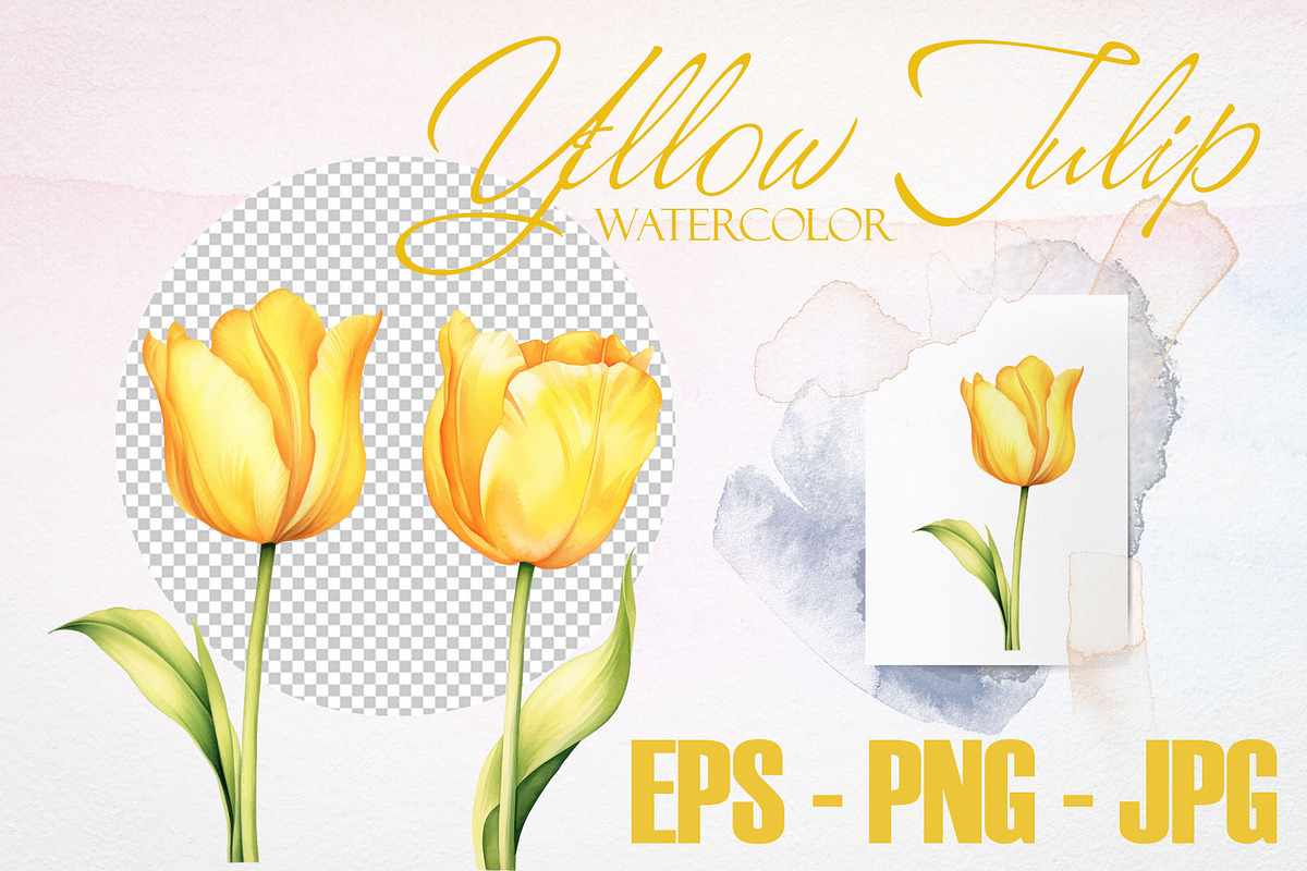 Watercolor Yellow Tulip Vector Set, a Decorative Illustration by Deckar_art (Photo 2 of 4)
