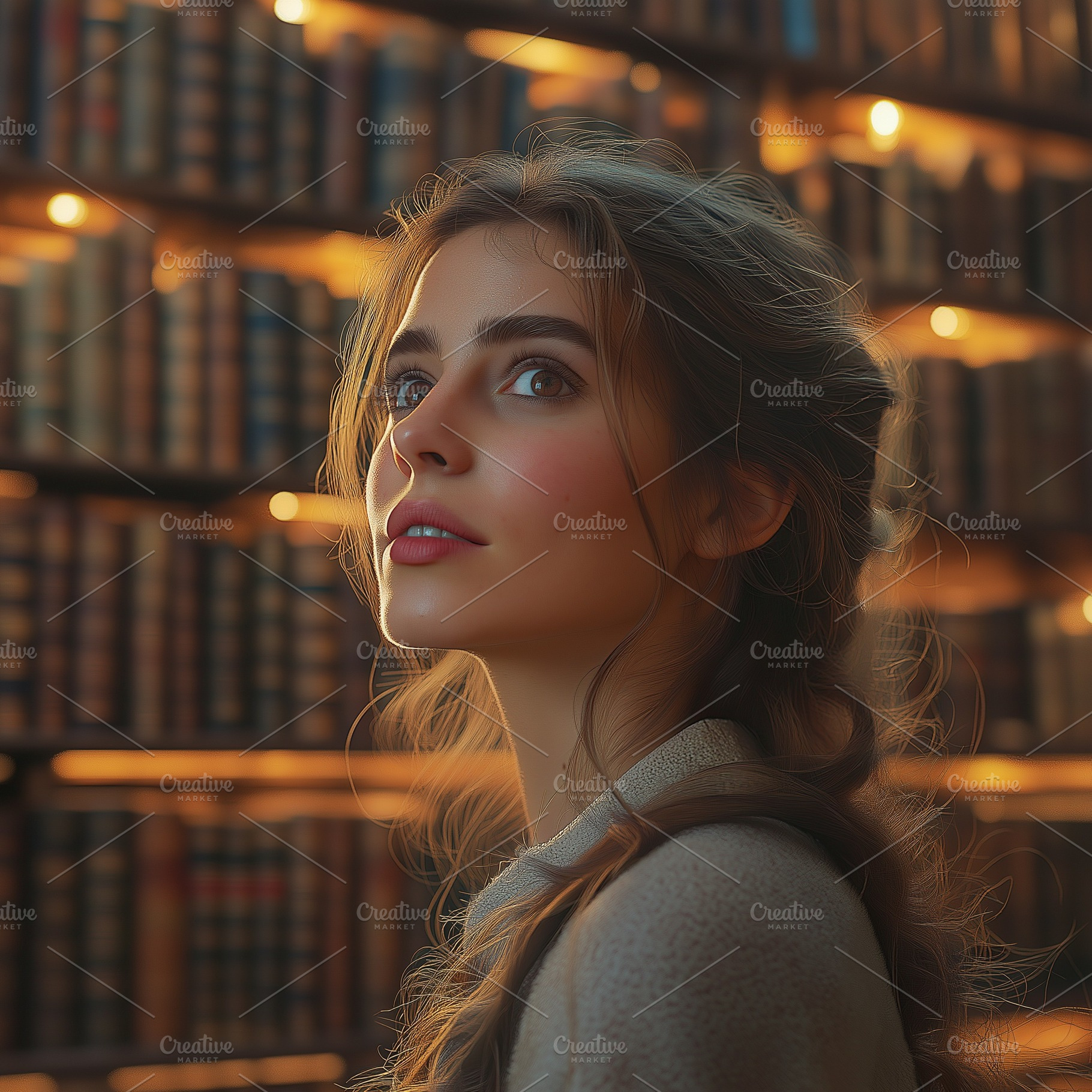 A young woman with long wavy hair gazes thoughtfully in a library filled with g, a Person Photo by ImageMir