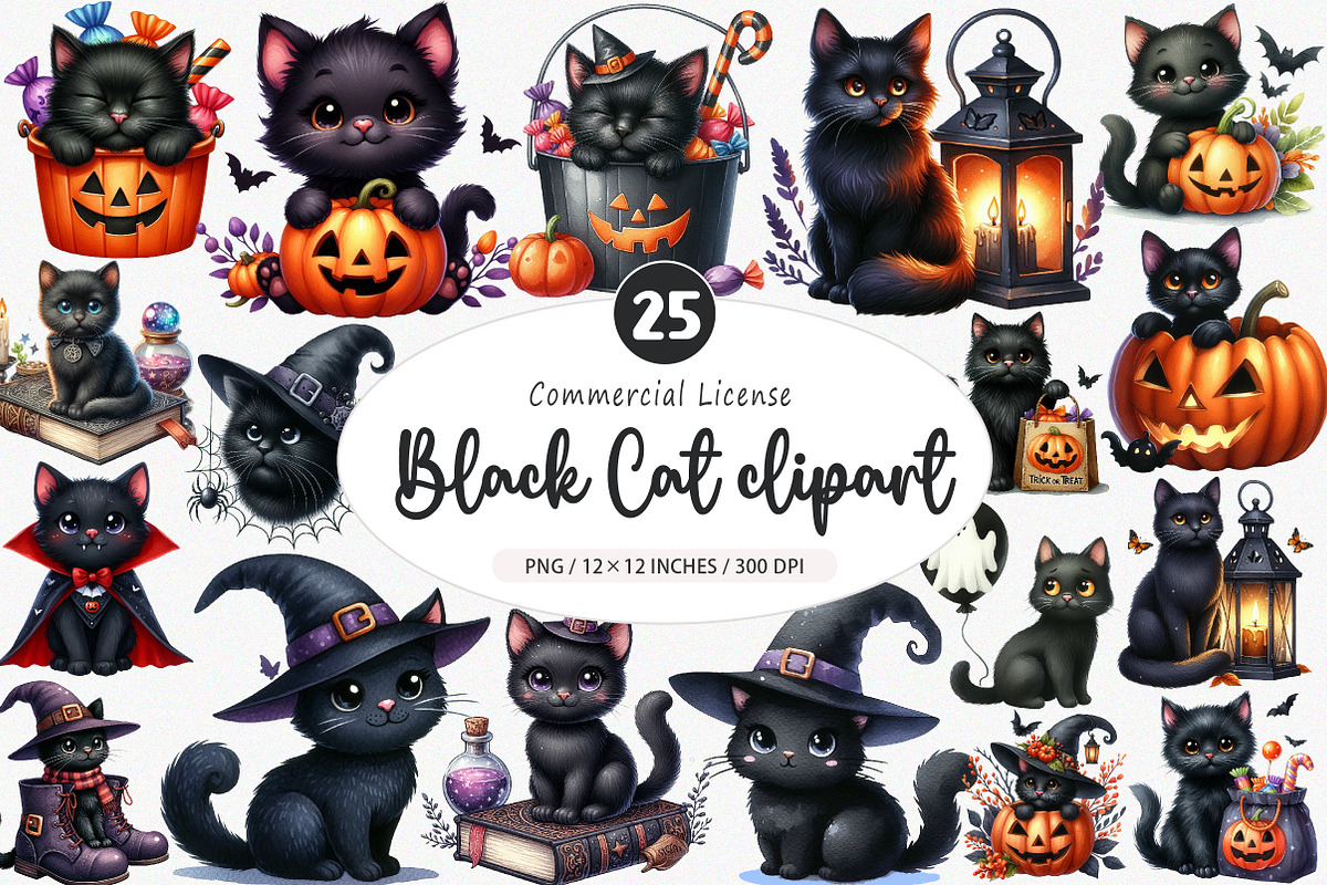 Watercolor Black Cat Halloween PNG, an Illustration by SinaCreation (Photo 1 of 5)