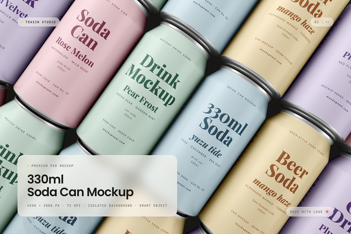 330ml Soda Can Mockup, a Packaging Mockup by Toasin Studio (Photo 1 of 7)