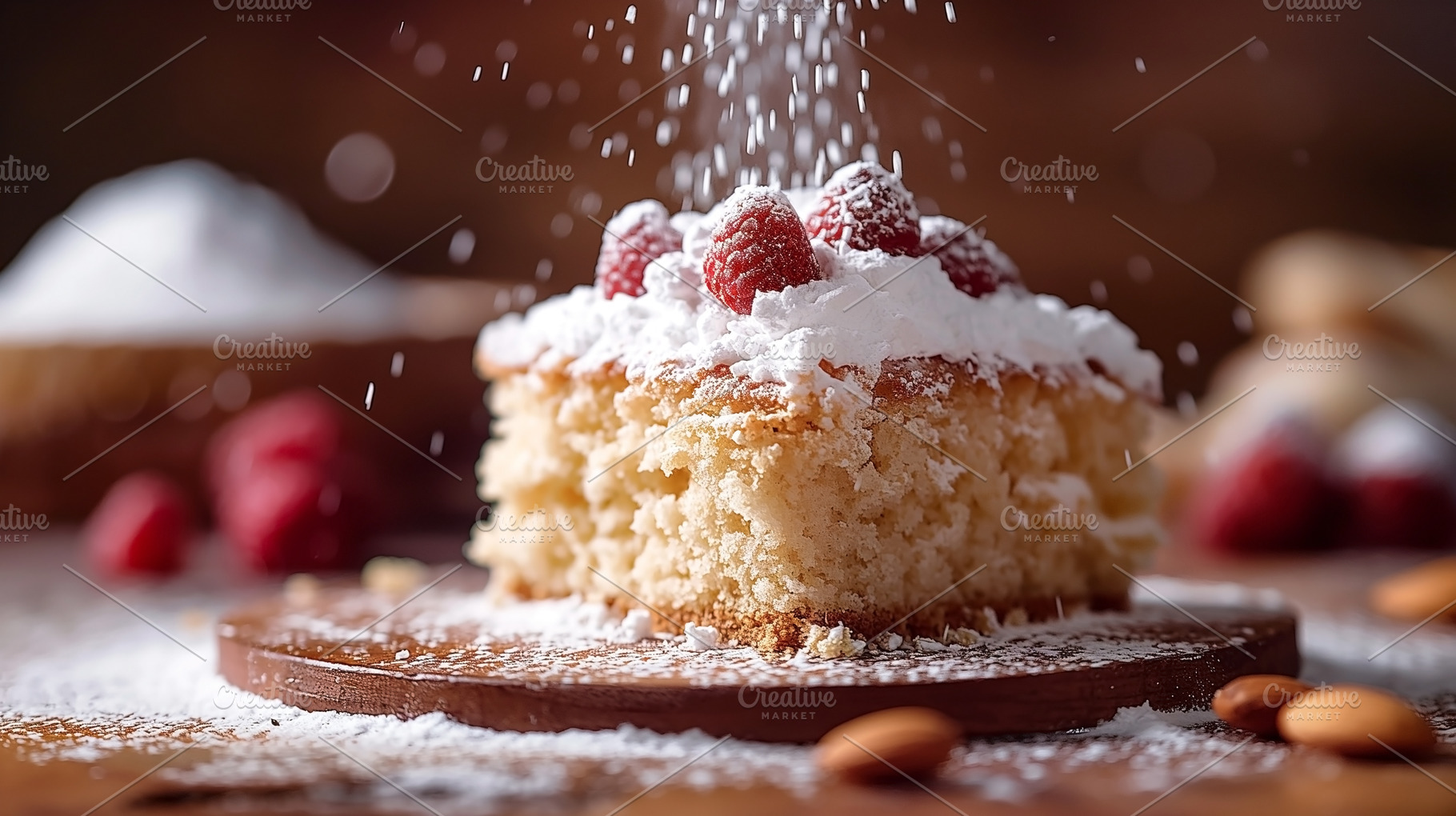 A delicious slice of vanilla cake topped with powdered sugar and, a Food & Drink Photo by ImageMir