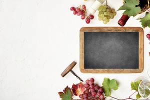 Wine Tasting Chalkboard with Grapes and Bottles Flat Lay, a Food & Drink Photo by Natalia Klenova's Shop