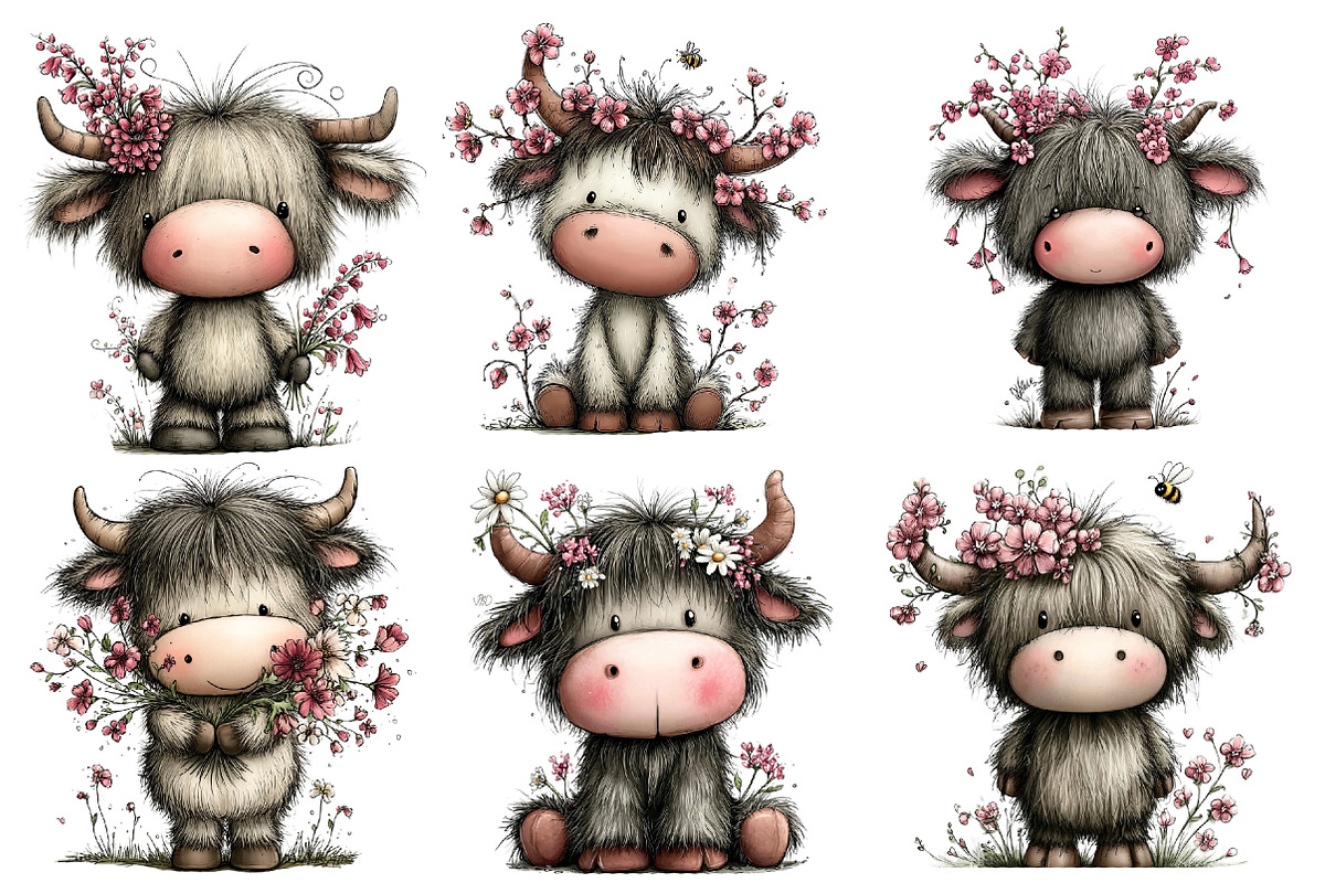 whimsical spring highland cow clipar, an Illustration by Designworld (Photo 3 of 5)