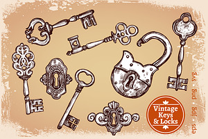 Vintage Keys And Locks Set