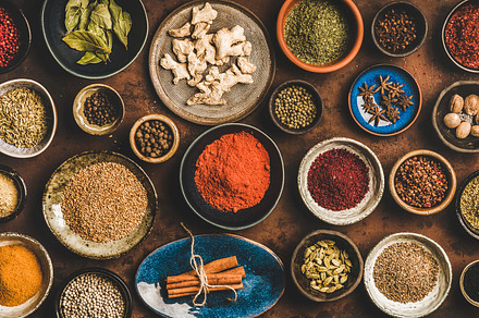 Flatlay of different spices in containing food, variety, and various, a Food & Drink Photo by Foxys