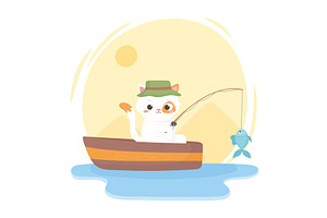 cat fishing on the boat, an Animal Illustration by studiogstock