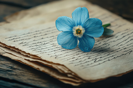 Blue flower on antique handwritten l, a Background Photo by Pixeness Studio
