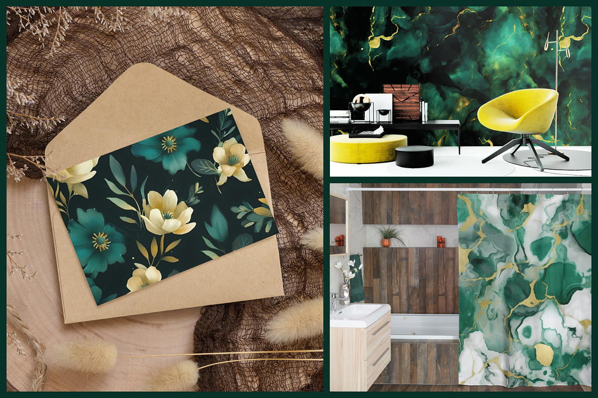 Gold & Emerald Green Seamless Floral, a Pattern Graphic by NadiaTheronArt (Photo 3 of 5)