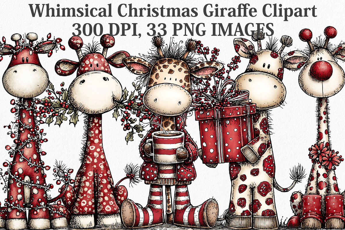 Whimsical Christmas Giraffe Clipart, an Illustration by Canvas Craft (Photo 1 of 6)