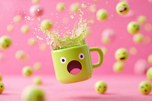 Green coffee spills energetically from a surprised cup in a playful setting, a Food & Drink Photo by AlyaAnd