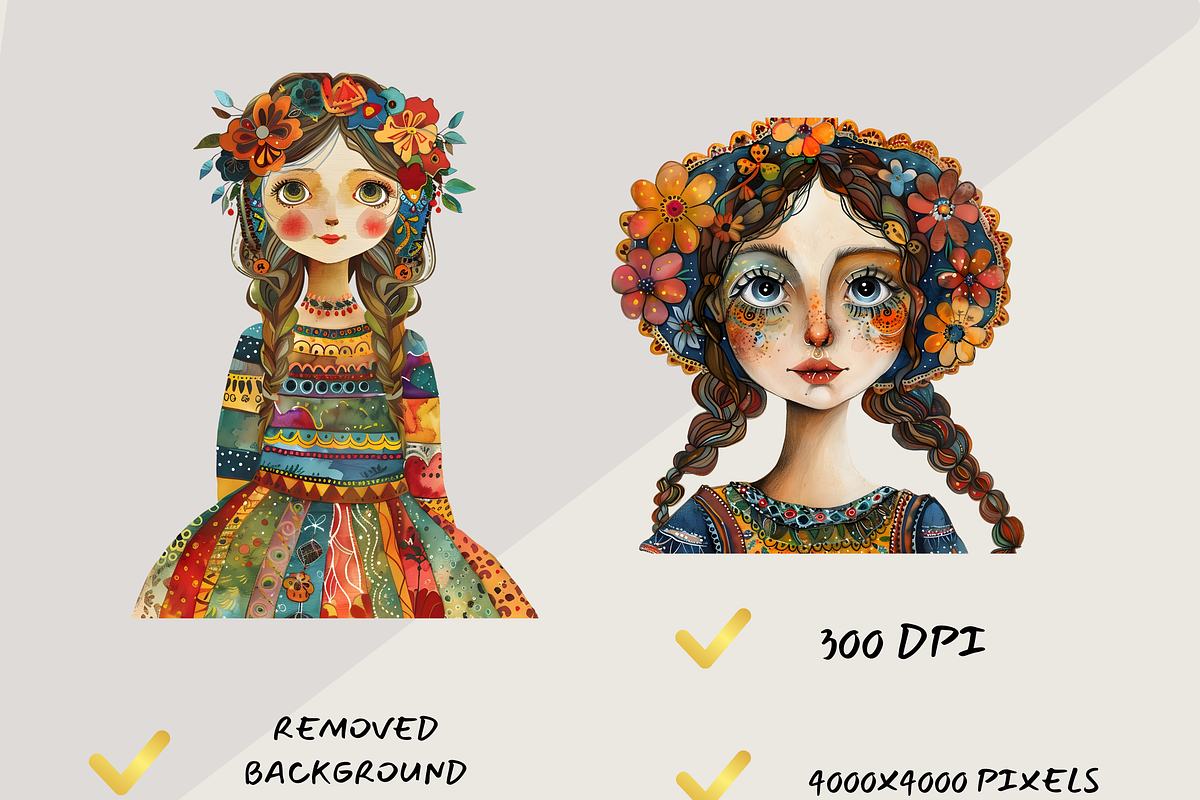 WHIMSICAL FOLK GIRL CLIPART PACK, a Person Illustration by Daring Digies (Photo 6 of 9)