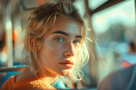 Young woman sitting on bus seat, a Person Photo by AlyaAnd