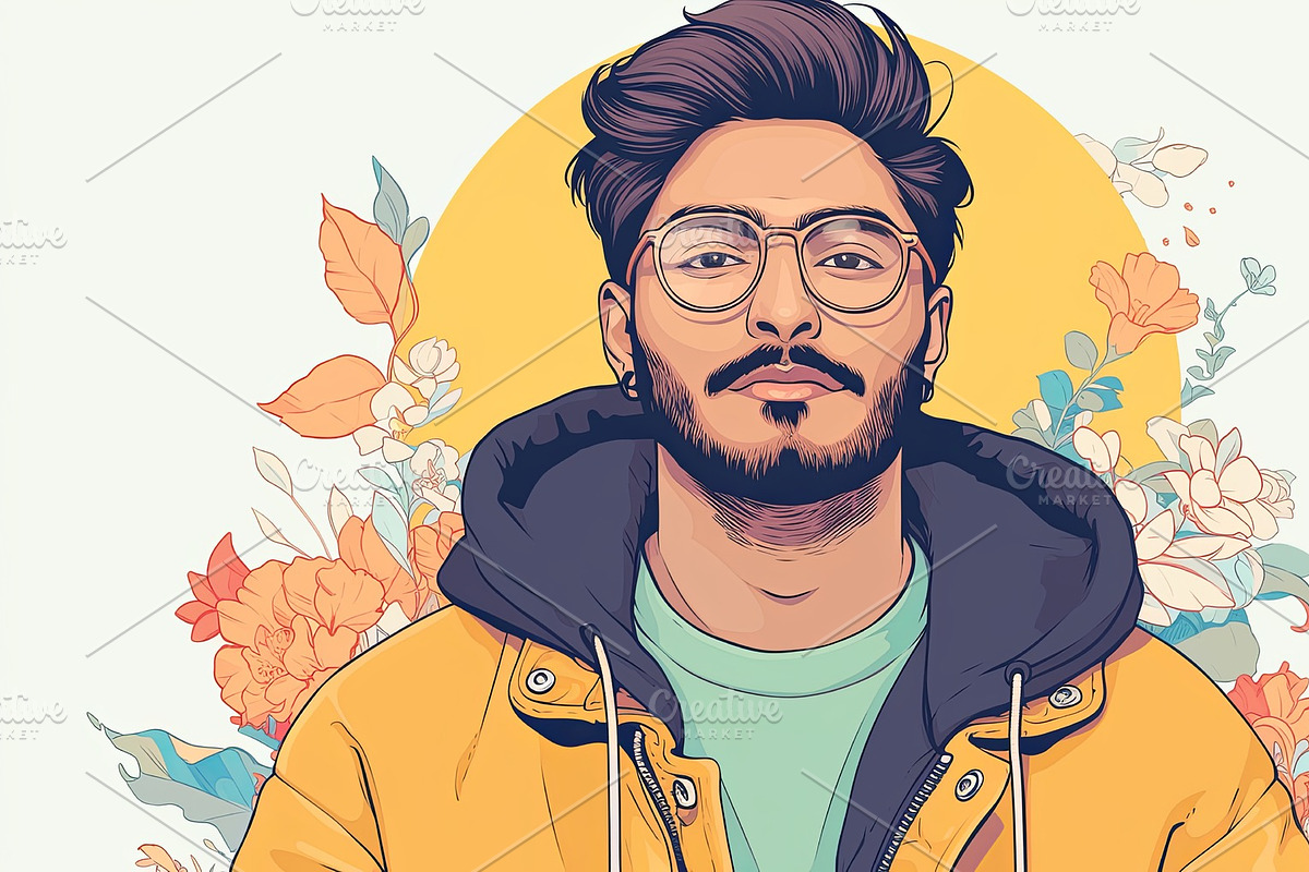 Stylish man with glasses and floral background illustration, an Illustration by AS photostudio