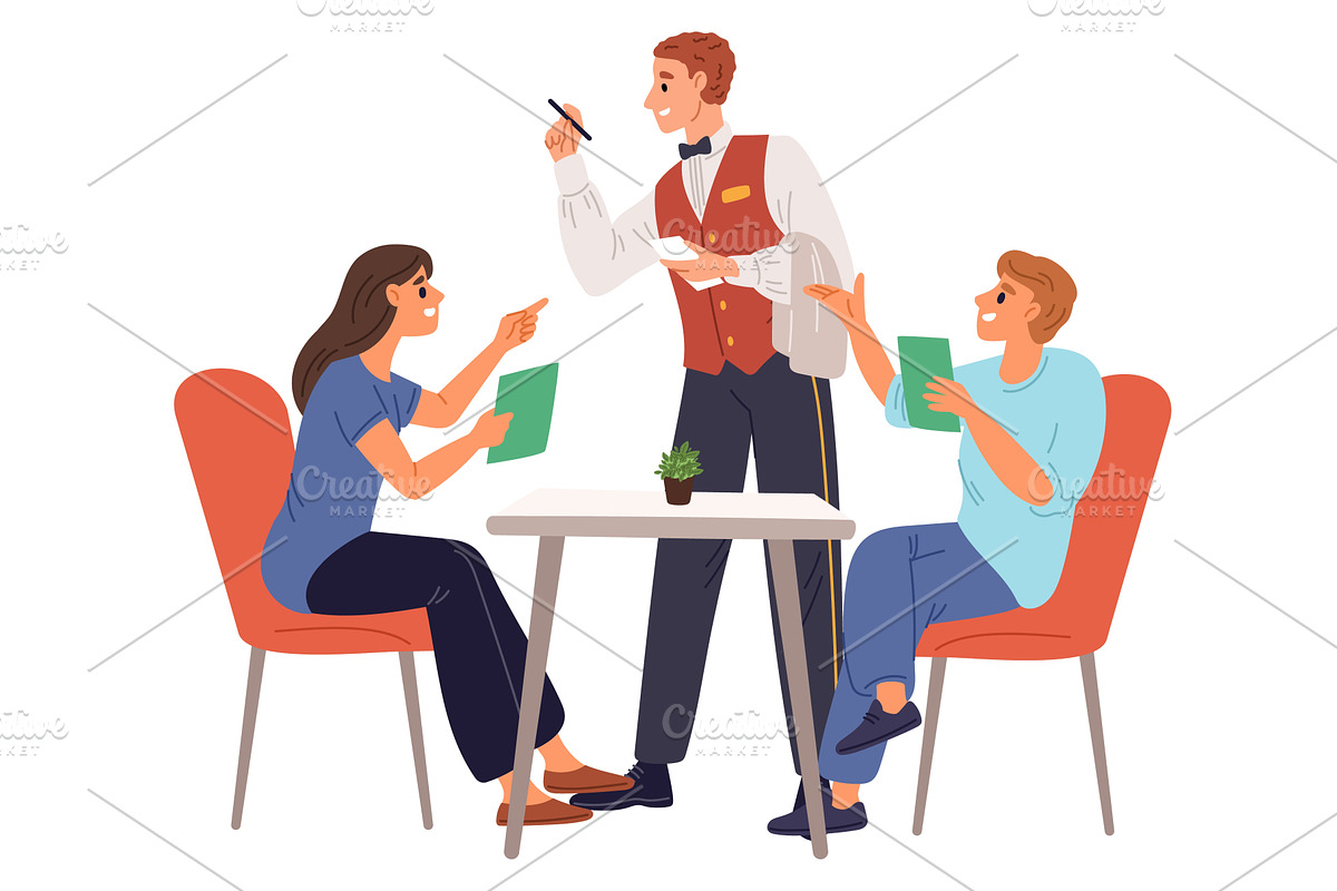 Man and woman sit at table in cafe, a Food Illustration by Vectorbuum