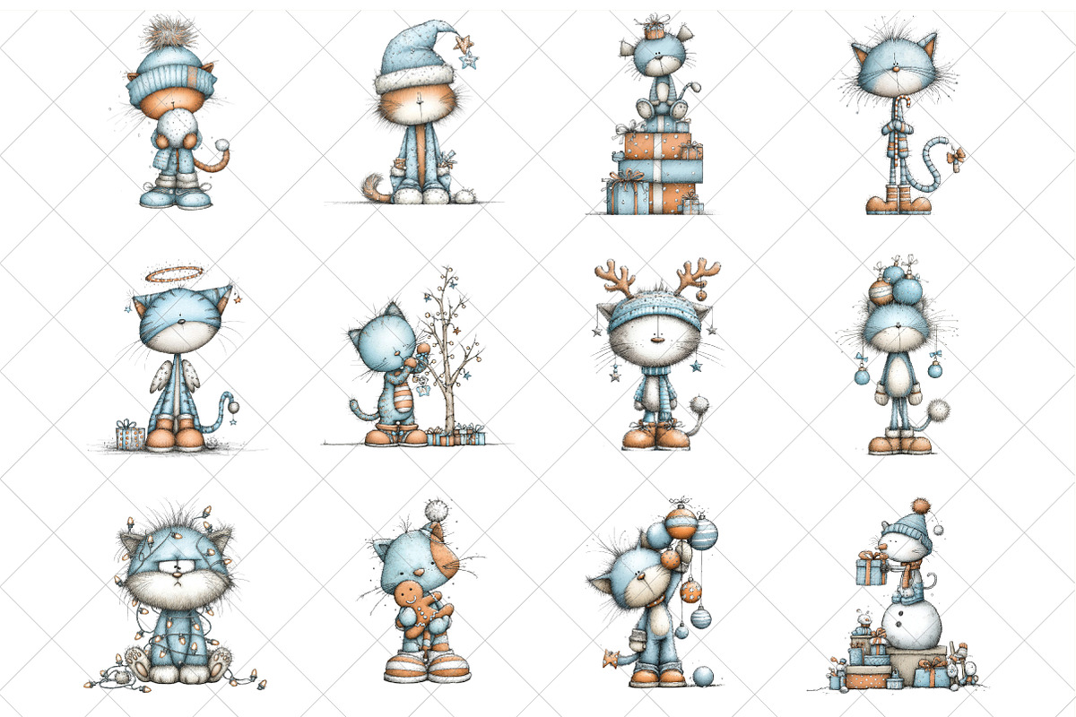 Whimsical Christmas Cats Clipart, an Illustration by SinaCreation (Photo 2 of 7)