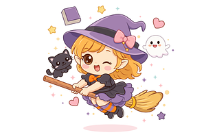 Chibi Witch Flying on Broomstick, a Person Illustration by Artpon Illustration