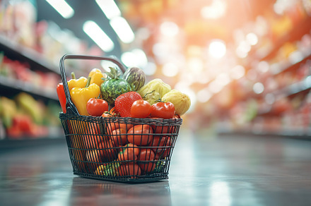 Shopping basket full of different grocery products on the floor, a Food & Drink Photo by AlyaAnd