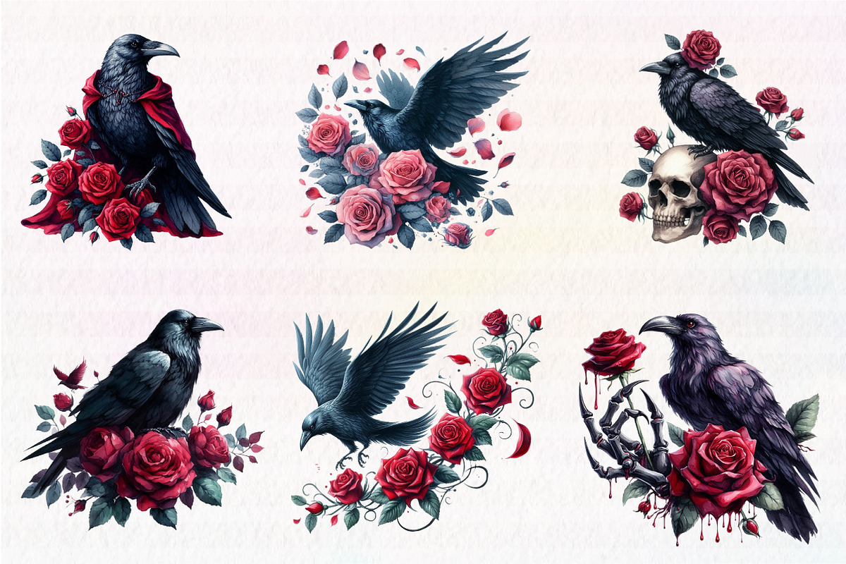 Watercolor Raven and Red Roses, an Illustration by CreationArt (Photo 5 of 5)