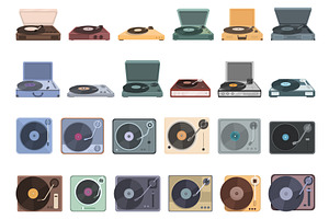 Vinyl player icons set cartoon, an Illustration by Ylivdesign