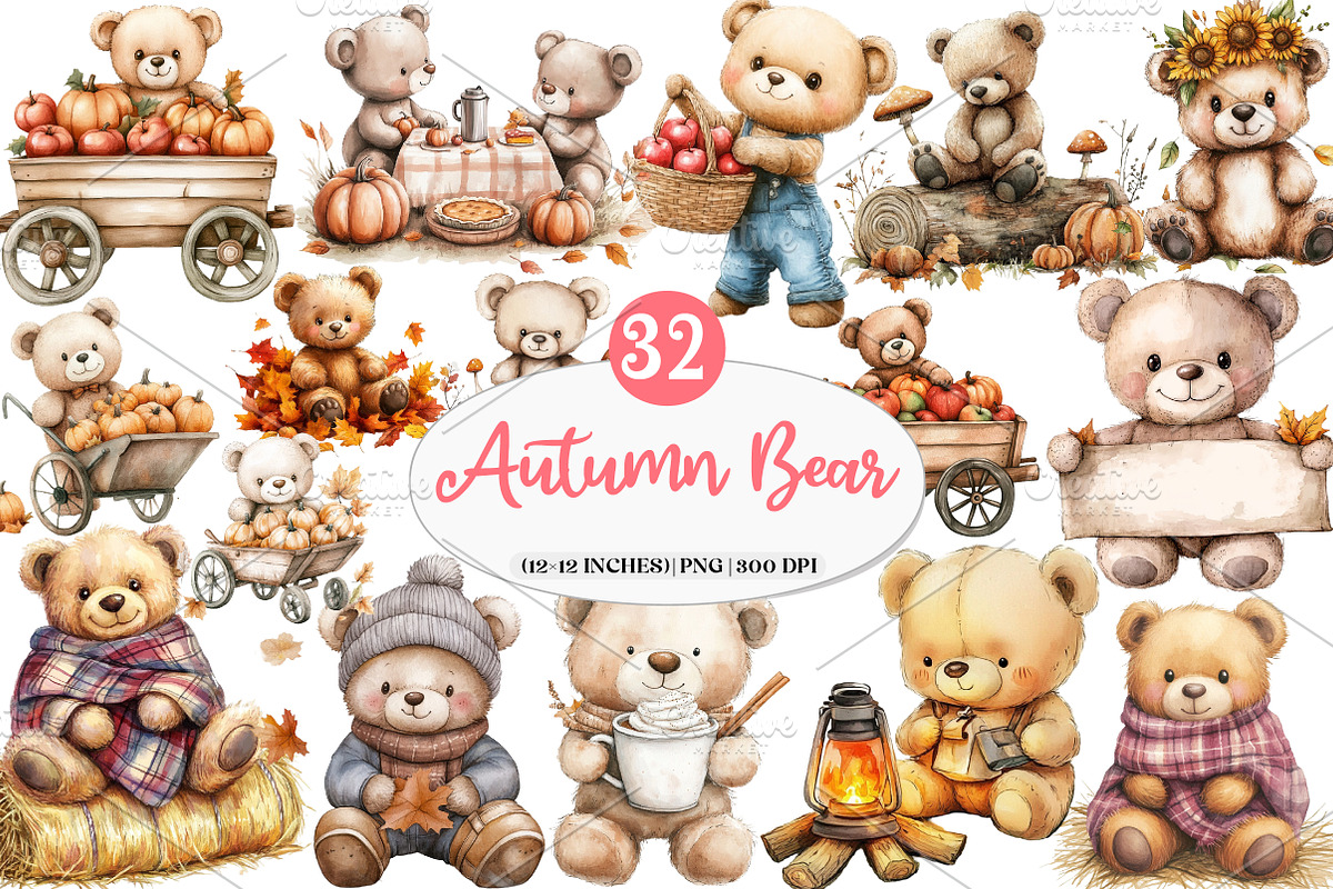 Watercolor Autumn Teddy Bear Clipart, an Illustration by Watercolor design (Photo 1 of 4)