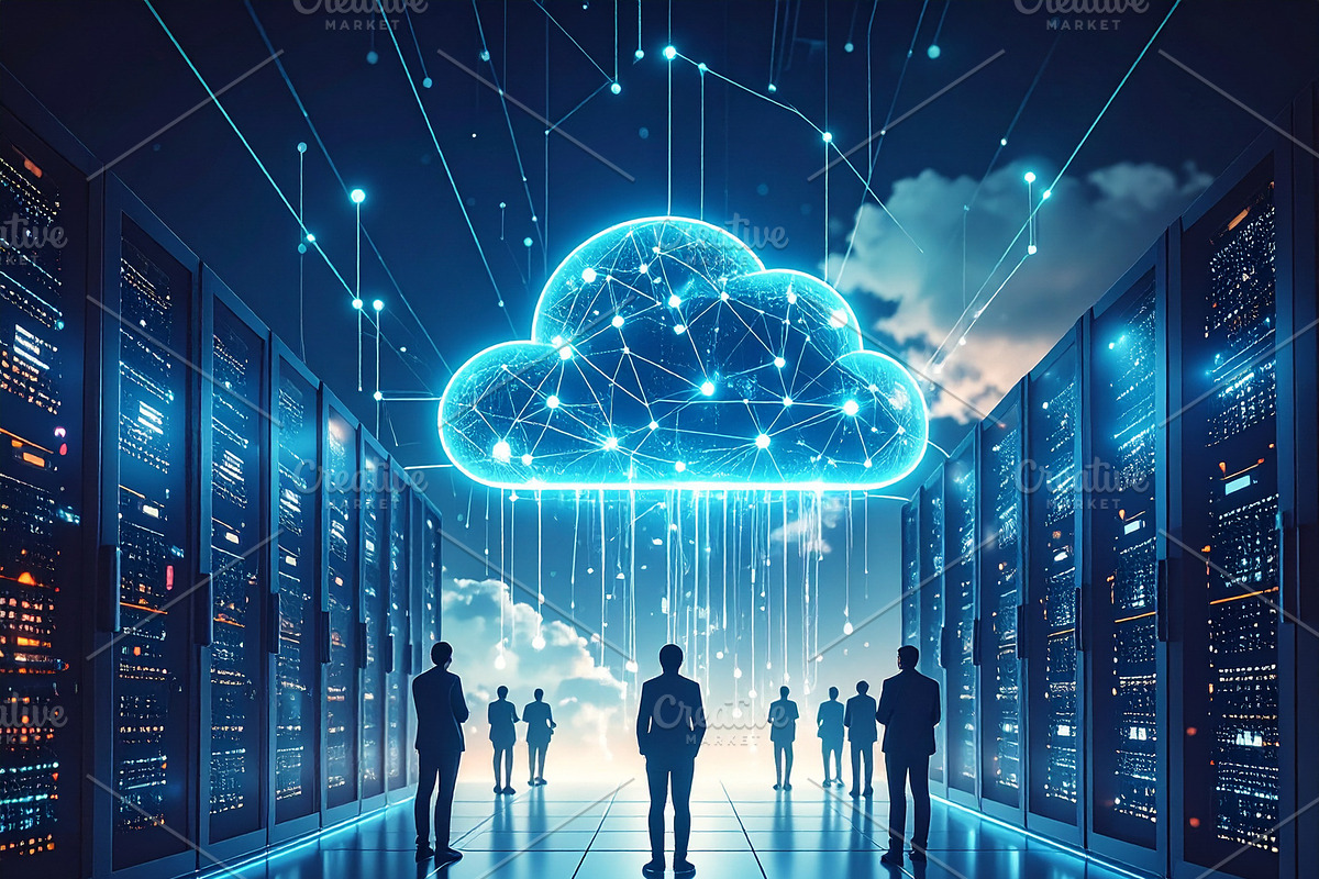 Humans looking a big AI-driven cloud computing in the sky at fut, a Technology Illustration by DanFLCreativo