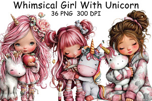 Whimsical Girl With Unicorn Clipart, an Illustration by CraftArtStudio
