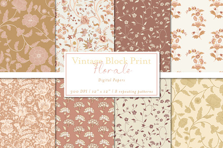 Vintage Block Print Floral Patterns, a Pattern Graphic by Mieken Petra Designs