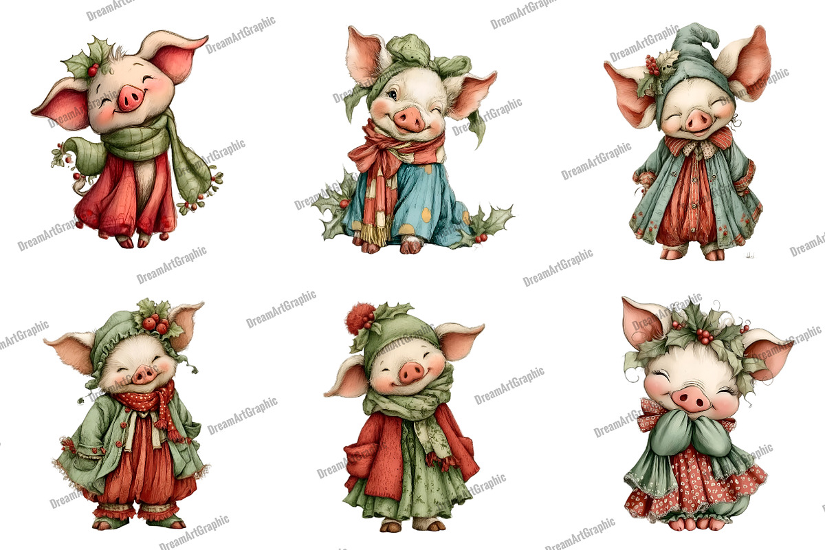 Cute Christmas Piglet Clipart, an Illustration by DreamArtGraphic (Photo 3 of 5)
