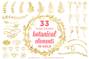33 Gold Handdrawn Botanical Elements