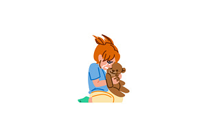 Sad child hugging teddy bear while, an Animal Illustration by pikepicture