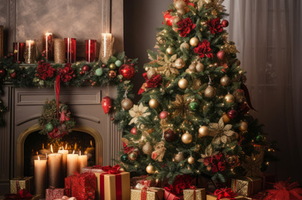 Decorated Christmas tree surrounded by gifts in living room at home, a Holiday Photo by Natalia Klenova's Shop