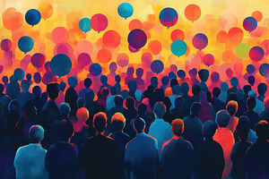Crowd of people with colorful speech, a Photo by Pixeness Studio