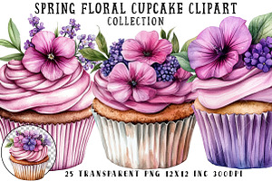 Spring Floral Cupcake Clipart, an Illustration by OK Design