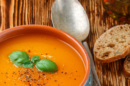 Pumpkin soup containing basil, autumn, and background, a Food & Drink Photo by La_Vanda